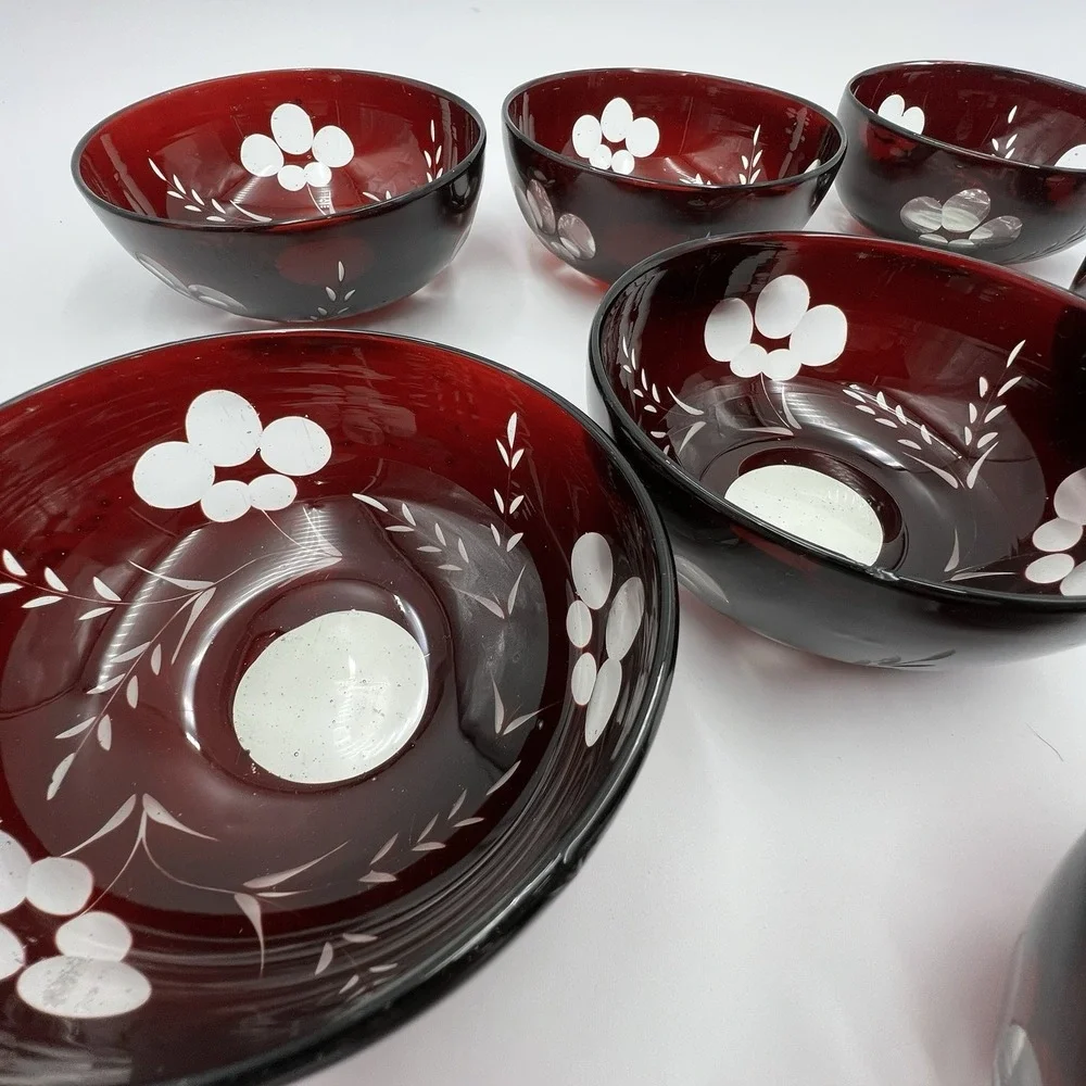 Set of‎ 7 Hand Blown Bohemian Ruby Cut to Clear Glass Bowls Floral Wheat Bubbles